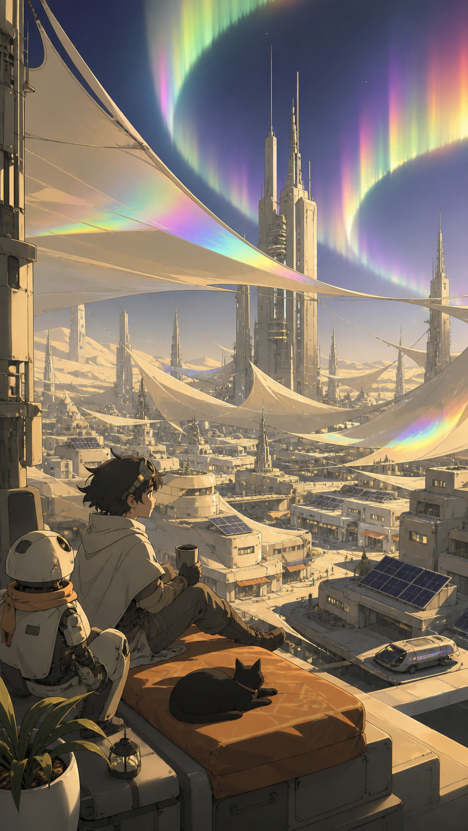 A solar-powered desert city shaded by kilometer-wide silk canopies, as a rare aurora bends around the tallest structures. Grand city panorama balanced by one intimate foreground detail. Monochrome graphite with selective