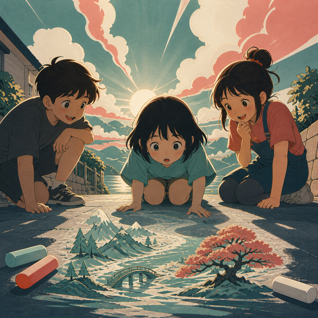 A child discovering that sidewalk chalk drawings become tiny landscapes, seen entirely through playful discovery and age-appropriate imagination. Child-height viewpoint making the discovery feel monumental. Sea-glass gre