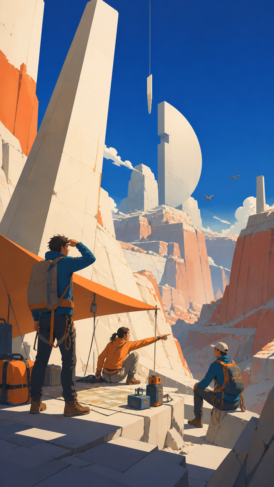 Adult climbers crossing a mineral canyon that softly rings in the wind, shown through preparation and curiosity rather than peril. Medium camp scene opening onto a monumental distant view. Cobalt, persimmon orange, warm 