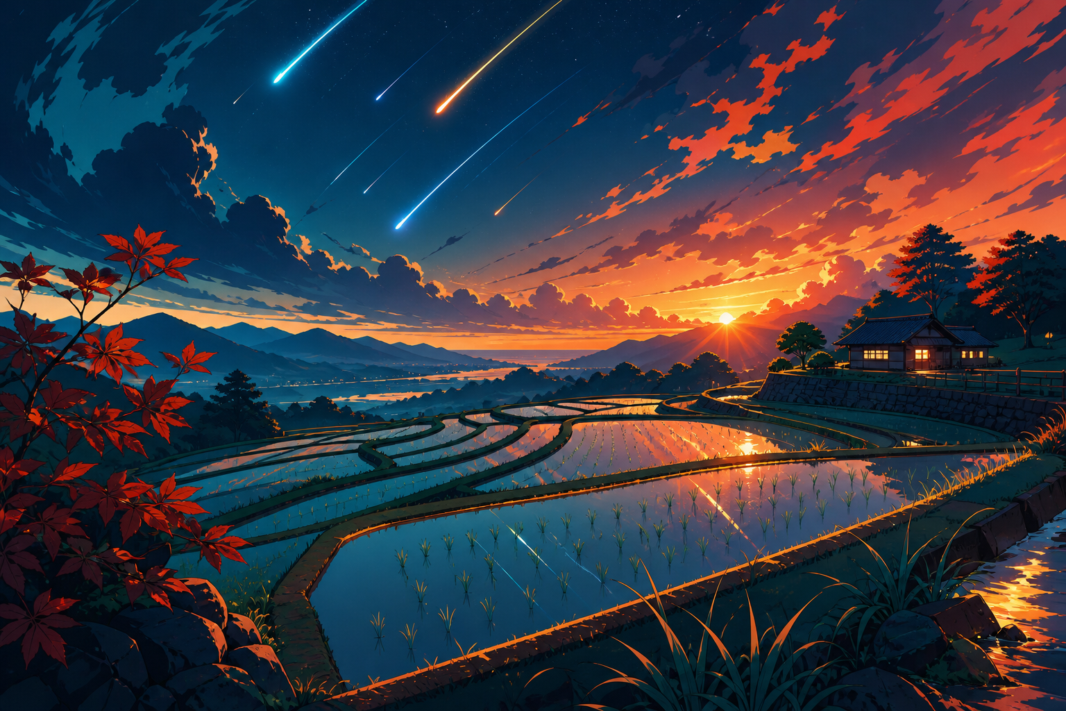 Terraced rice fields reflecting a meteor shower during planting season, at the transition between two kinds of weather. Tranquil landscape panorama with a strong foreground-to-distance rhythm. Petrol blue, oxide red, ind