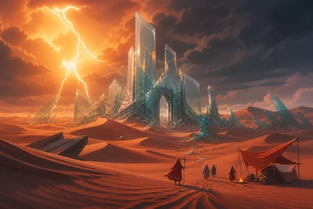 A glass ruin emerging from dunes after a rare electric storm, with tiny travelers and camp details emphasizing the monumental landscape. Low desert viewpoint using foreground wind 