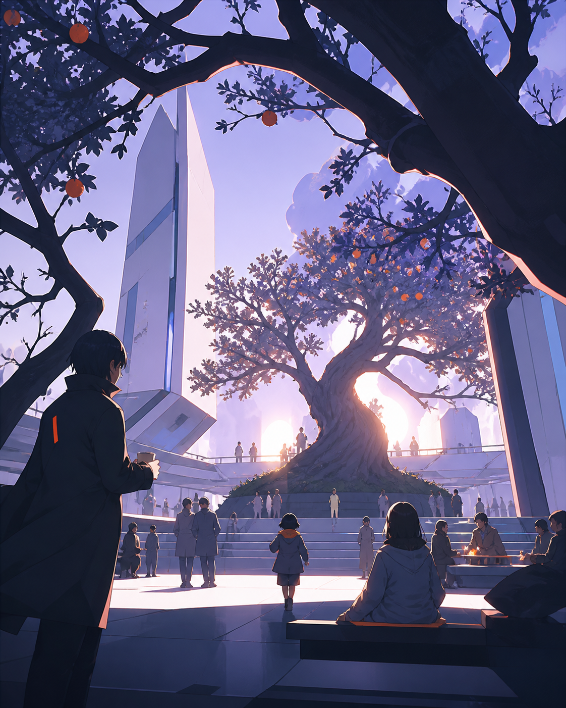 A futuristic plaza built around one preserved old fruit tree, during a gentle public holiday filled with small social moments. Low upward view using branches to frame people and architecture. Pale lavender, icy blue, gra