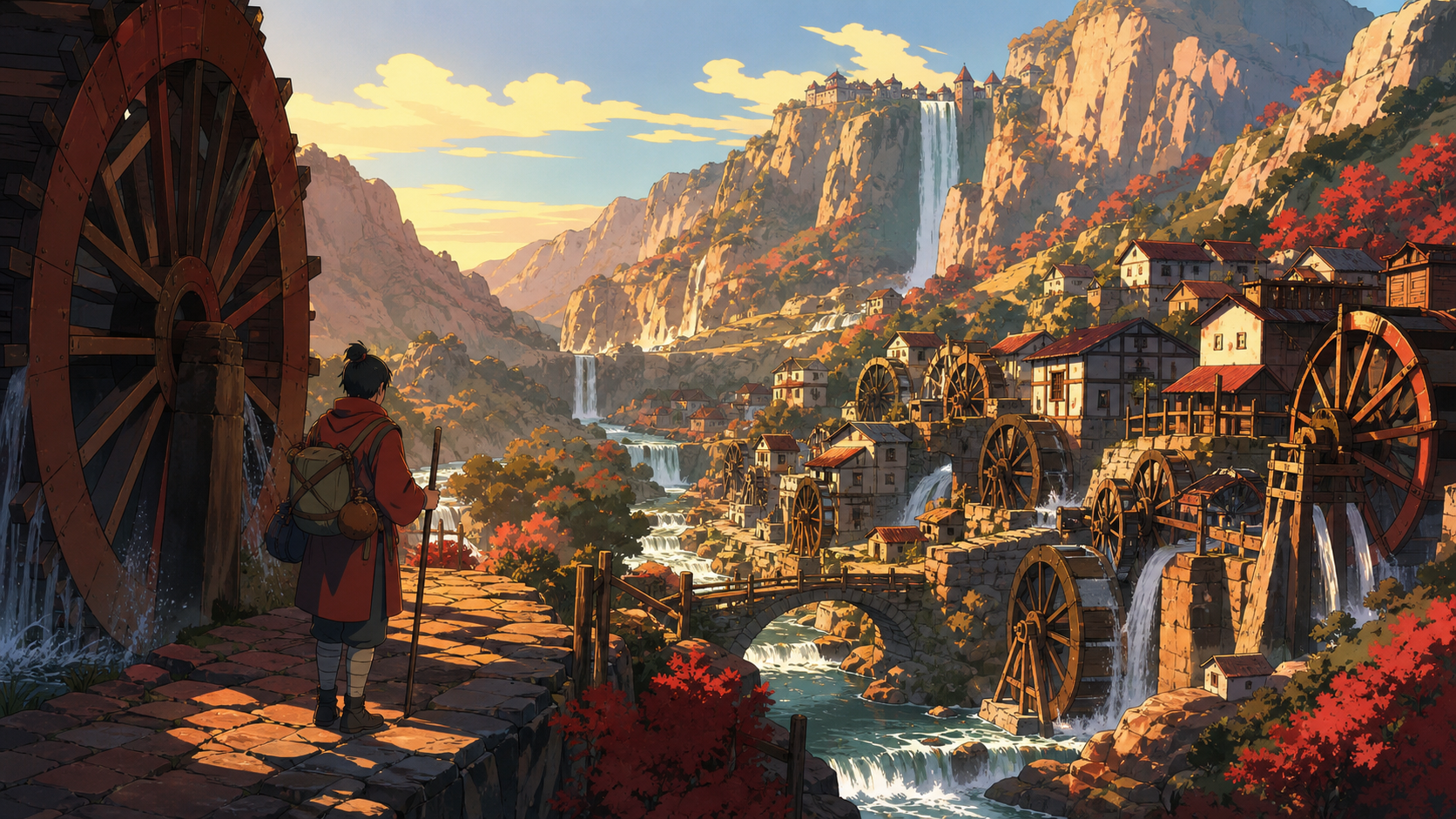 A mountain village built around waterwheels of many sizes, in clear daylight with the route and destination both visible. Traveler-height viewpoint opening suddenly onto a vast valley. Crimson, black cherry, muted bronze