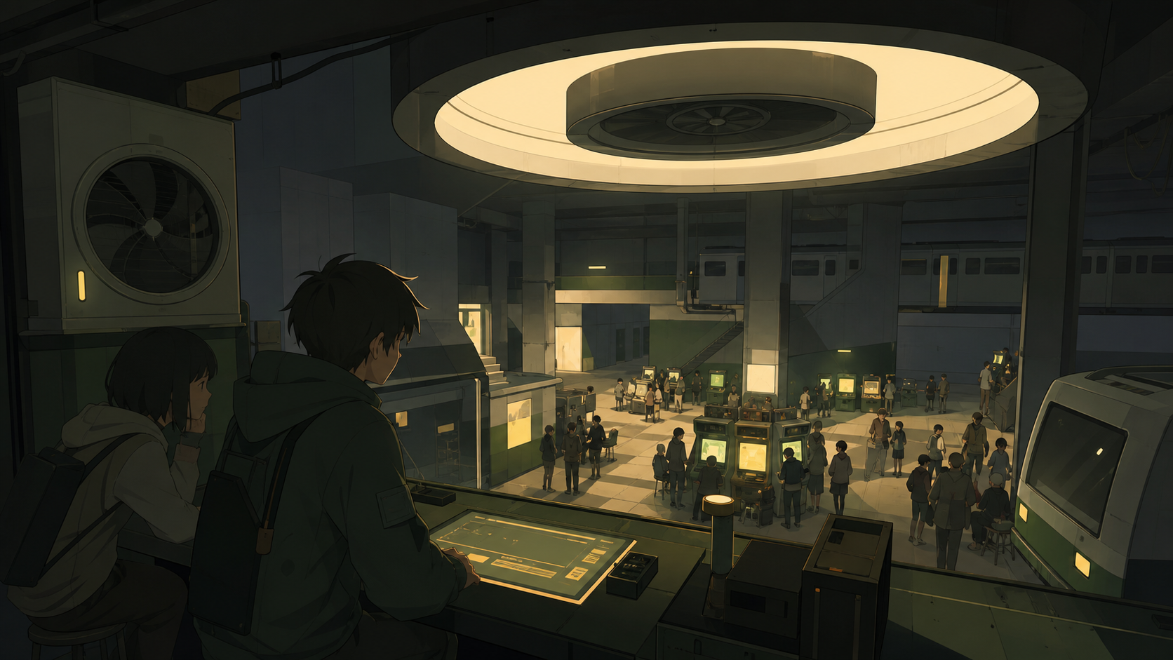 Students exploring a hidden arcade beneath an abandoned station, at the lively peak of an unofficial weekend gathering. Intimate workstation view with the larger gathering visible beyond. Moss green, slate gray, mushroom