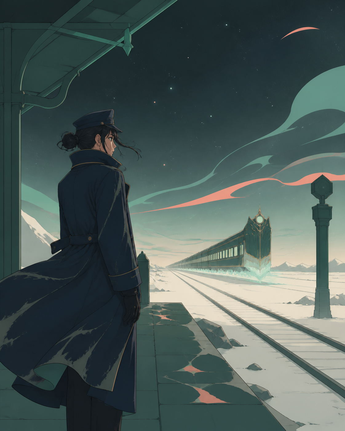 An adult woman night-train conductor with a weathered navy coat, pausing alone on a rain-swept platform while an impossible train arrives. Cinematic medium-wide frame with the environment carrying half the story. Sea-gla