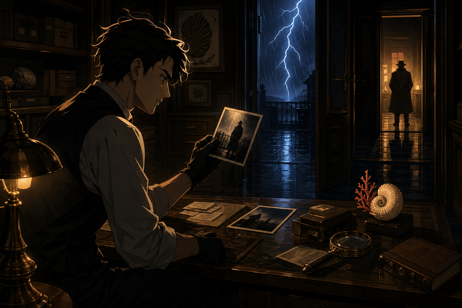 A private archivist examining a photograph that changes whenever lightning flashes, at the turning point where one overlooked object solves half the mystery. Cinematic noir frame using doorways and reflected figures to l