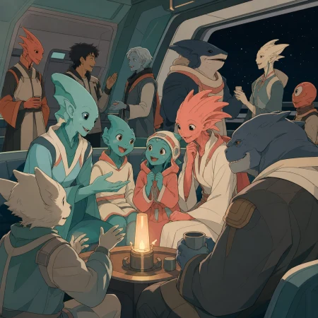 An alien family missing their stop on an interplanetary commuter ferry, during a warm community interaction across several species. Wide social composition showing several adaptati
