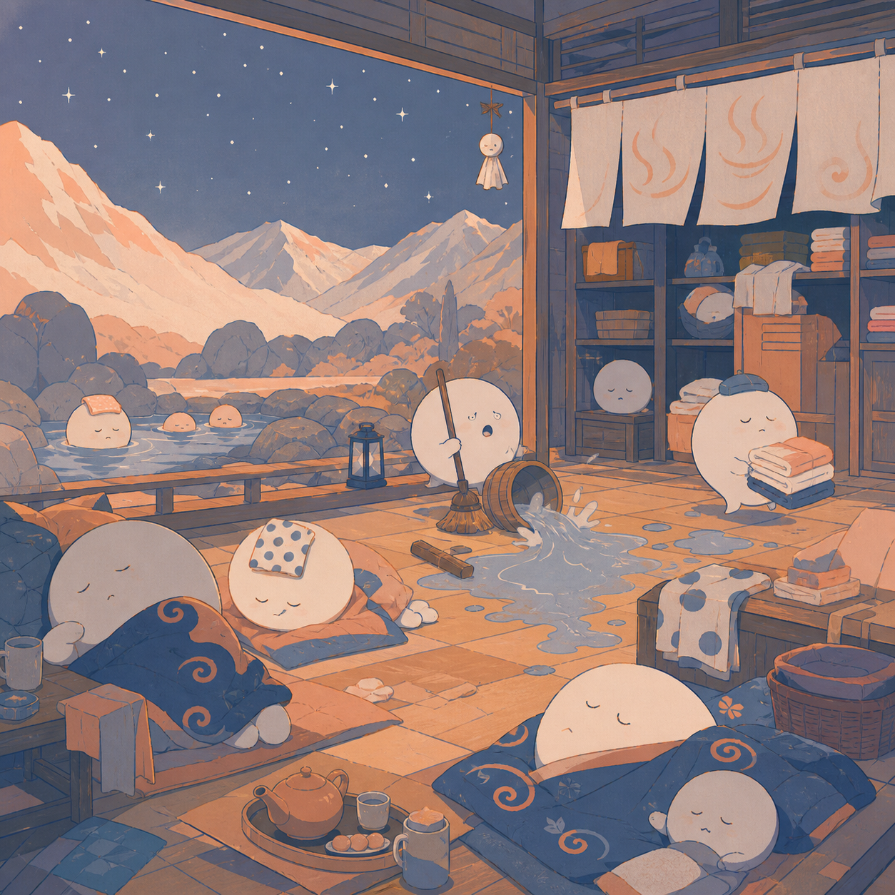 A sleepy mountain bathhouse managed by polite round spirits, during a quiet afternoon nap interrupted by one small mishap. Inviting room-wide composition with several discoverable details. Sun-bleached peach, desert ochr
