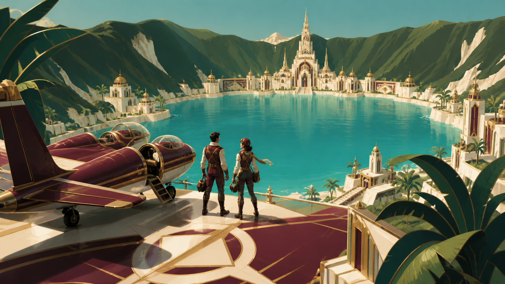 Two survey pilots landing beside a turquoise crater lake, at the first view of a destination reached after a long journey. Elevated coastal composition balancing settlement, water, and landmark. Burgundy, midnight green,