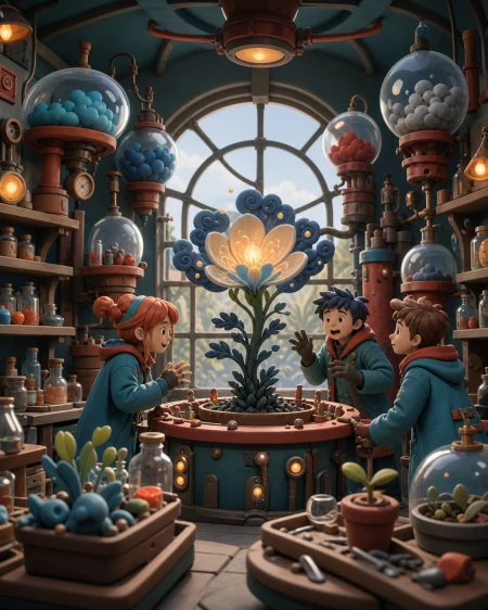 A botanical laboratory where bottled weather feeds rare seedlings, at the moment one experiment produces an unexpectedly beautiful result. Room-wide workshop view organized around 