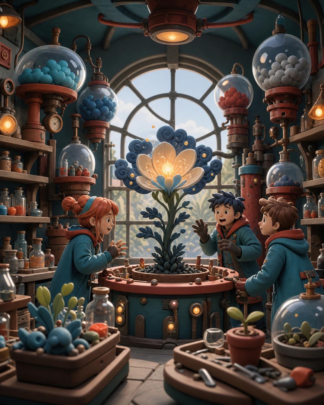 A botanical laboratory where bottled weather feeds rare seedlings, at the moment one experiment produces an unexpectedly beautiful result. Room-wide workshop view organized around a strong central craft action. Petrol bl