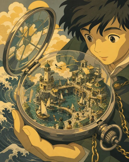 An ocean harbor contained within an open pocket watch, with the outer owner and inner inhabitants visible at once. Macro object view with the miniature world occupying the visual c