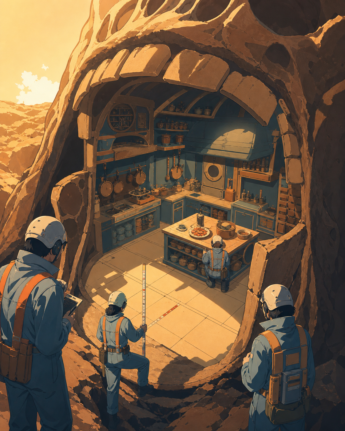 A research team entering a perfectly preserved kitchen inside a buried titan, at the first careful reveal before any object is moved. Vertical chamber composition with people placed clearly for scale. Amber, walnut brown