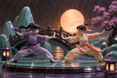 Two martial artists performing a ceremonial exhibition in heavy rain, shown as disciplined athletic movement rather than combat spectacle. Long-lens frame compressing competitors a