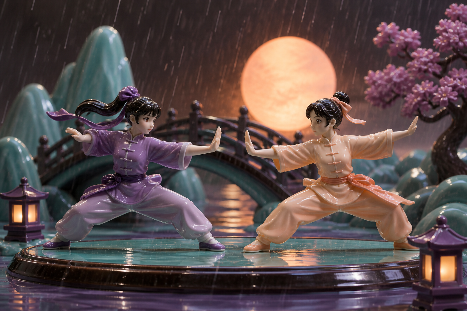 Two martial artists performing a ceremonial exhibition in heavy rain, shown as disciplined athletic movement rather than combat spectacle. Long-lens frame compressing competitors and terrain into layered motion. Apricot,