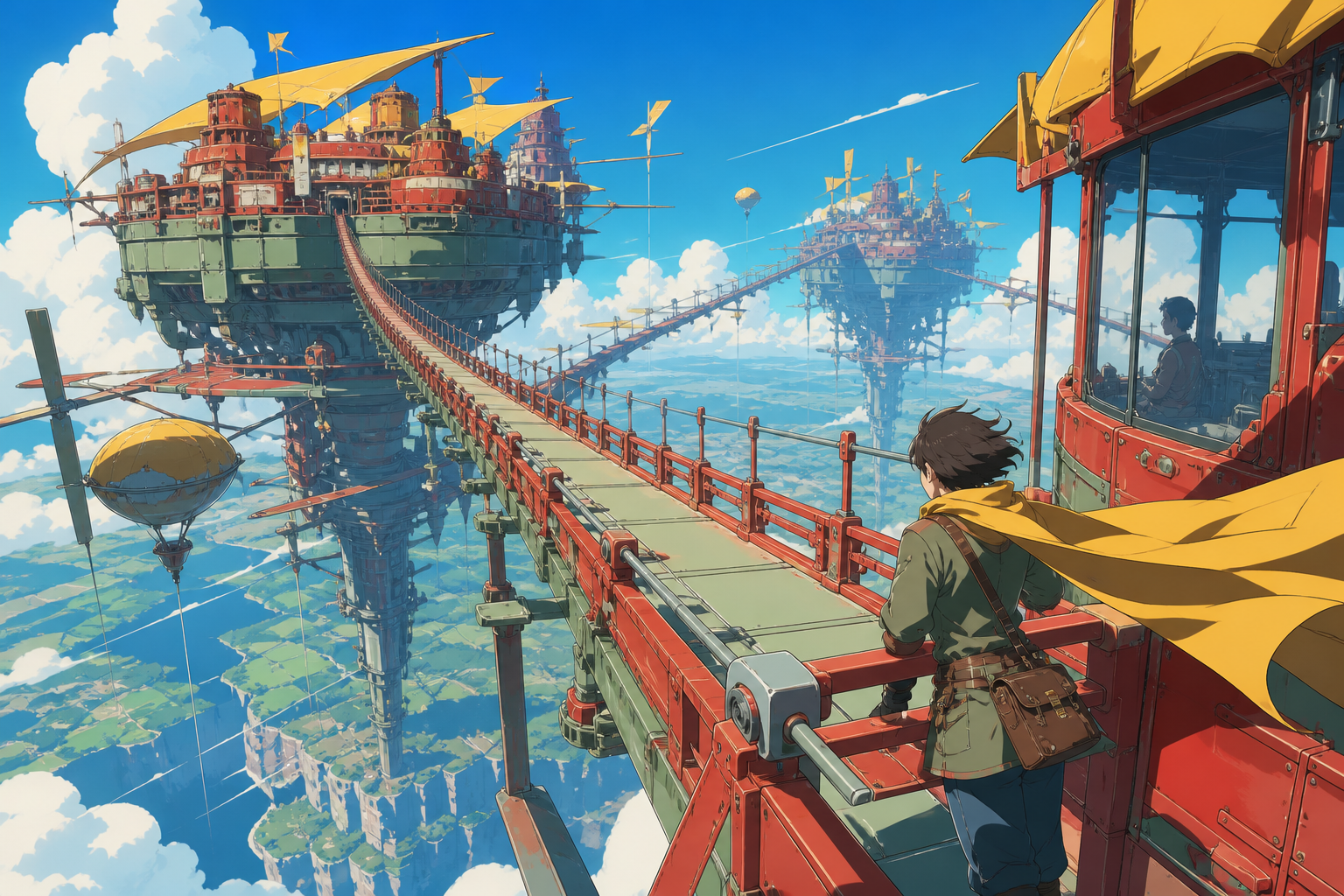 An impossibly long pedestrian bridge connecting two moving sky kingdoms, during clear morning weather that reveals the depth below. Vertigo-inducing vertical composition balanced by a calm foreground activity. Clay red, 