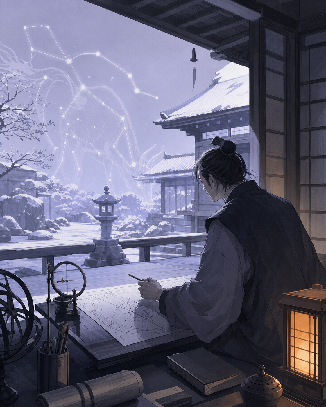 An Edo-period astronomer mapping a constellation that has descended into the garden, grounded in convincing period materials with one restrained supernatural event. Wide narrative composition with period architecture gui
