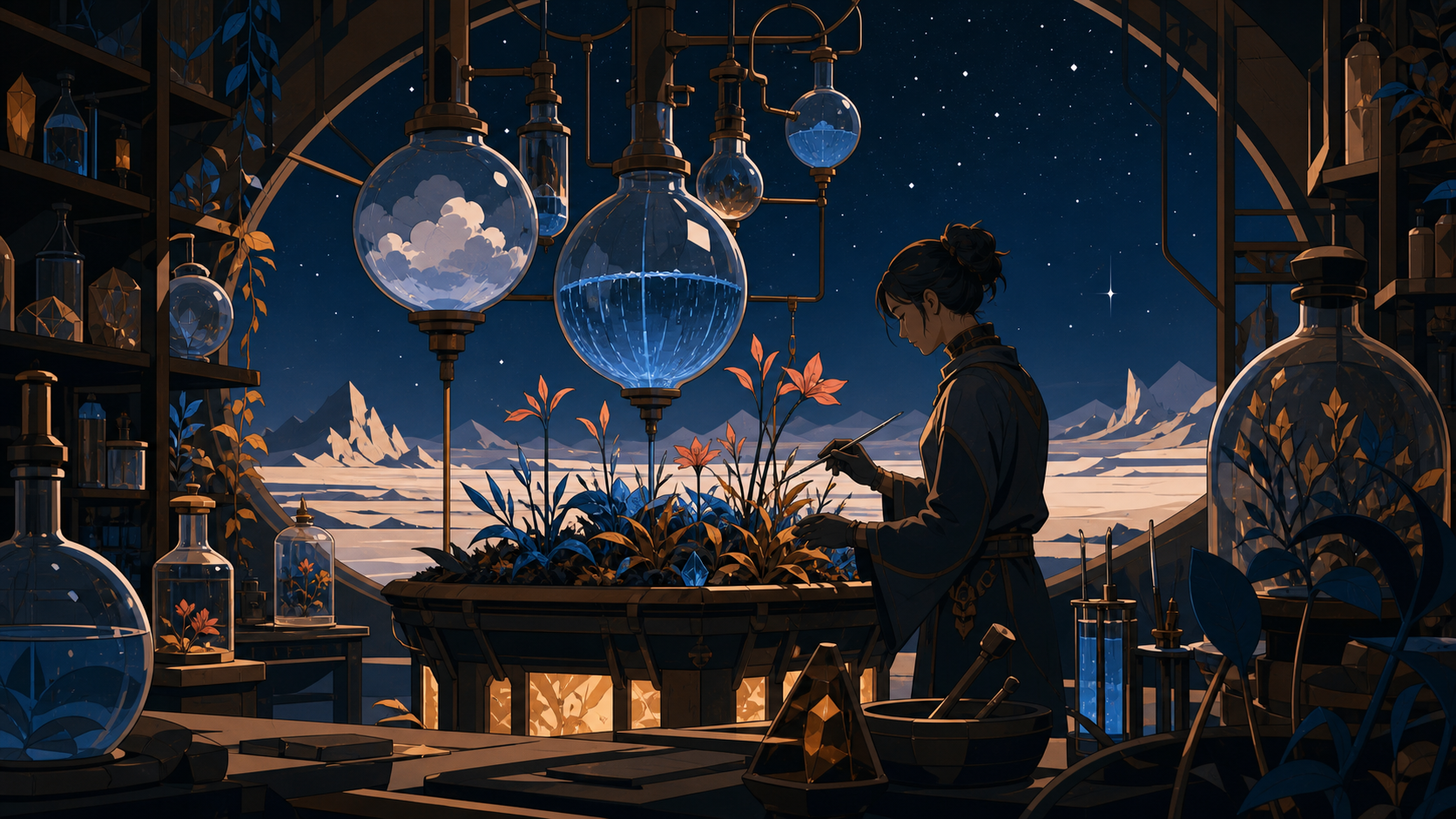 A botanical laboratory where bottled weather feeds rare seedlings, after hours when unfinished creations quietly become active. Close observational composition layered with tools in foreground and active work behind. Amb