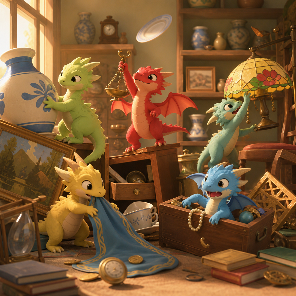 Newly hatched pocket dragons turning a quiet antique shop upside down, caught immediately before their elaborate plan obviously fails. Ensemble comedy tableau with several connected visual jokes. Soft pistachio, butter y