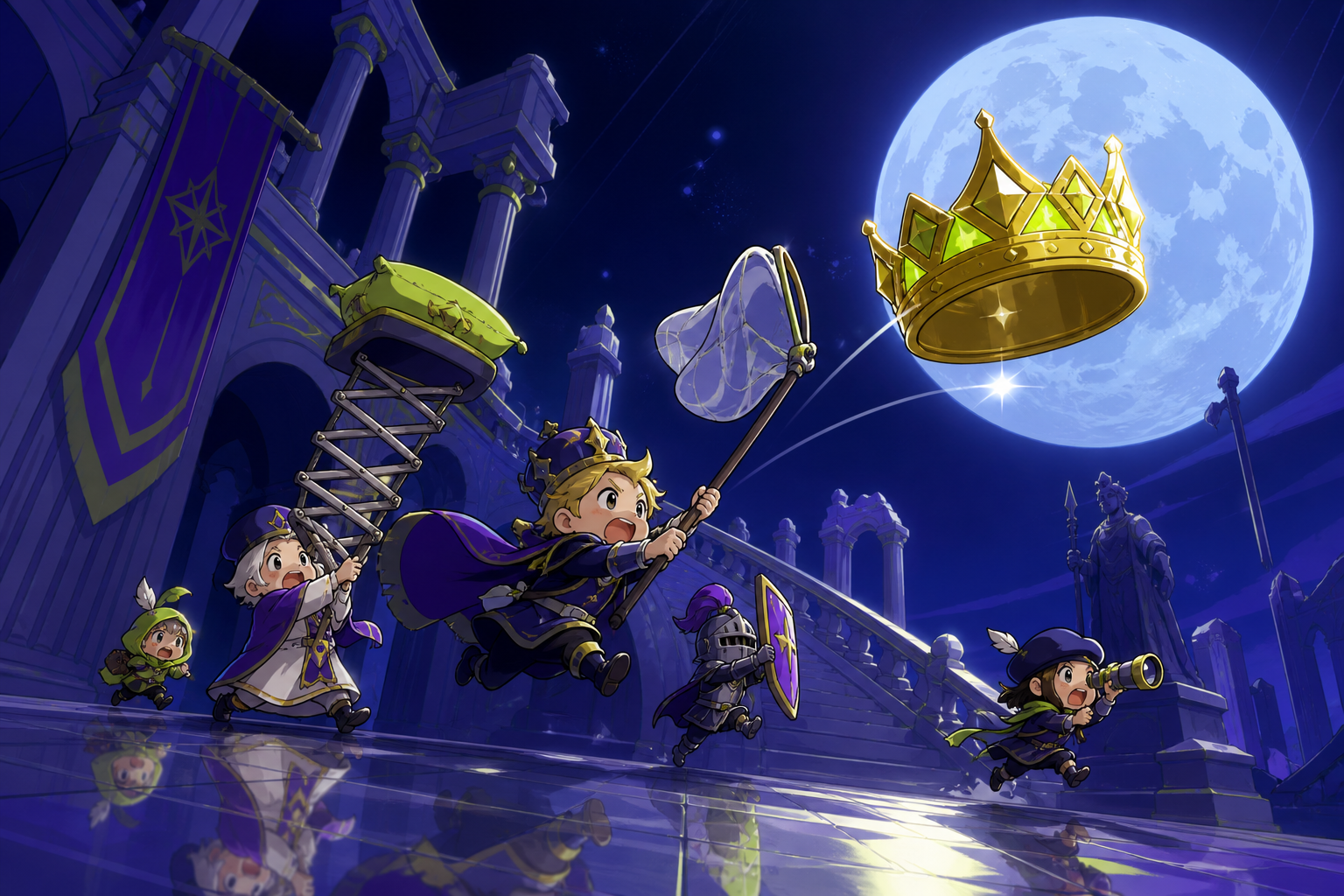 A tiny royal court attempting to catch a runaway crown, at the exact moment a clever plan becomes delightfully impractical. Low heroic angle that humorously exaggerates the tiny characters. Acid lime, ultraviolet, matte 