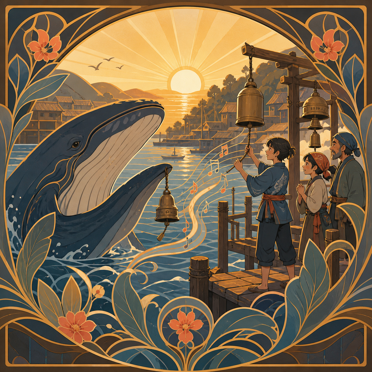 A whale and fishing village exchanging songs through harbor bells, as humans and animals solve a practical problem together. Balanced human-and-animal two-shot with shared task visible. Amber, walnut brown, rain blue, an