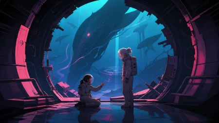A physicist meeting an older version of herself inside a broken collider, at the moment human understanding fails but observation continues. Central threshold composition drawing t