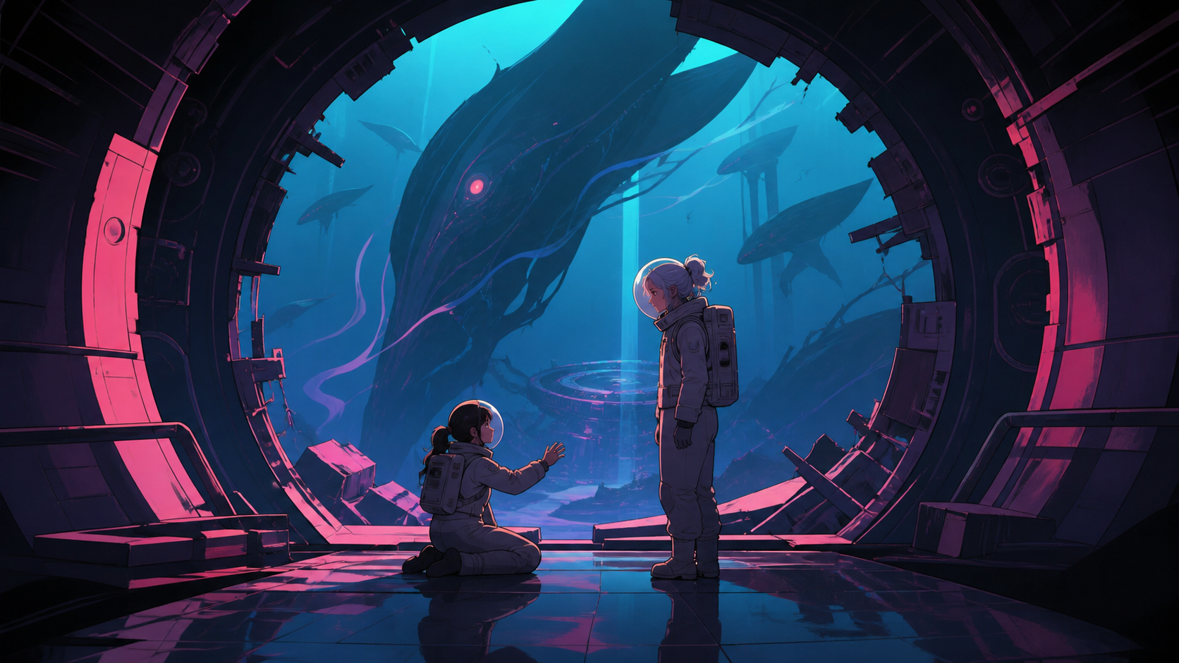 A physicist meeting an older version of herself inside a broken collider, at the moment human understanding fails but observation continues. Central threshold composition drawing the viewer into an alien depth. Saturated