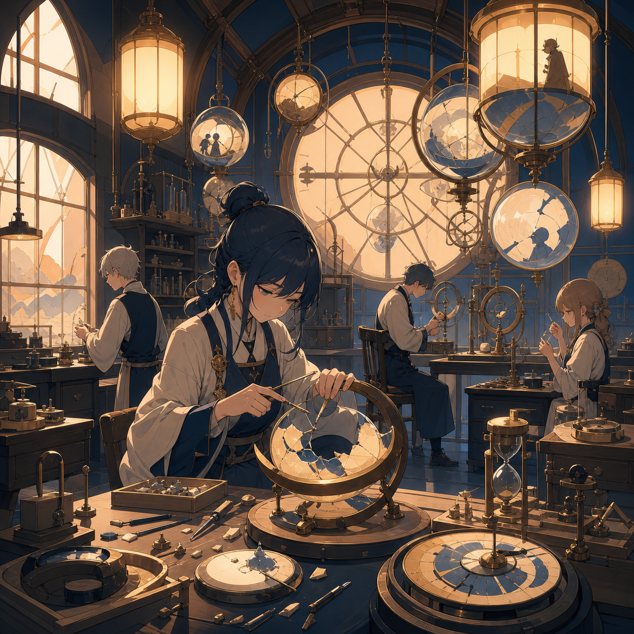A clock repair shop specializing in broken moments rather than machines, during a busy workday filled with several precise ongoing tasks. Room-wide workshop view organized around a strong central craft action. Sun-bleach