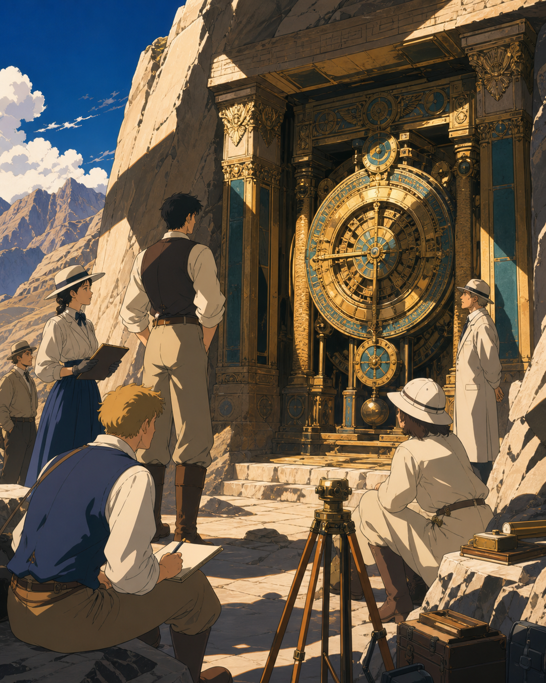 A mountain excavation revealing a ceremonial machine still keeping time, at the first careful reveal before any object is moved. Wide site view showing the relationship between researchers and discovery. Saffron, peacock
