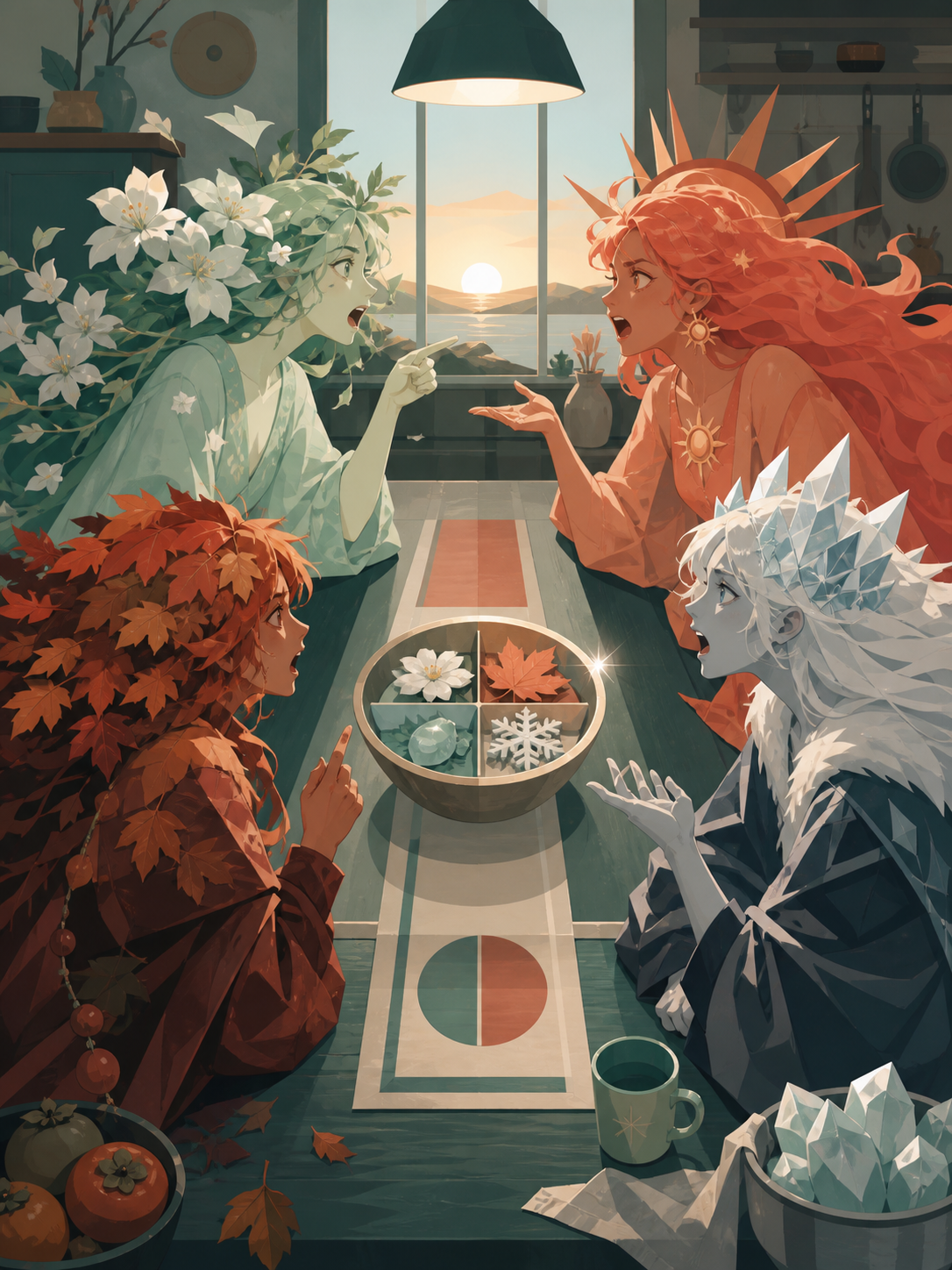 The four seasons arguing around a kitchen table through symbolic forms, built from layered symbolic objects that reward close inspection. Carefully staged surreal tableau with a single unmistakable focal point. Sea-glass