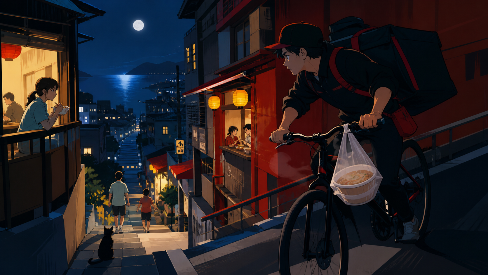 A bicycle courier delivering hot noodles through a steep hillside city, during a humid summer evening alive with ordinary neighborhood activity. Observational street-level frame with foreground movement and a clear focal