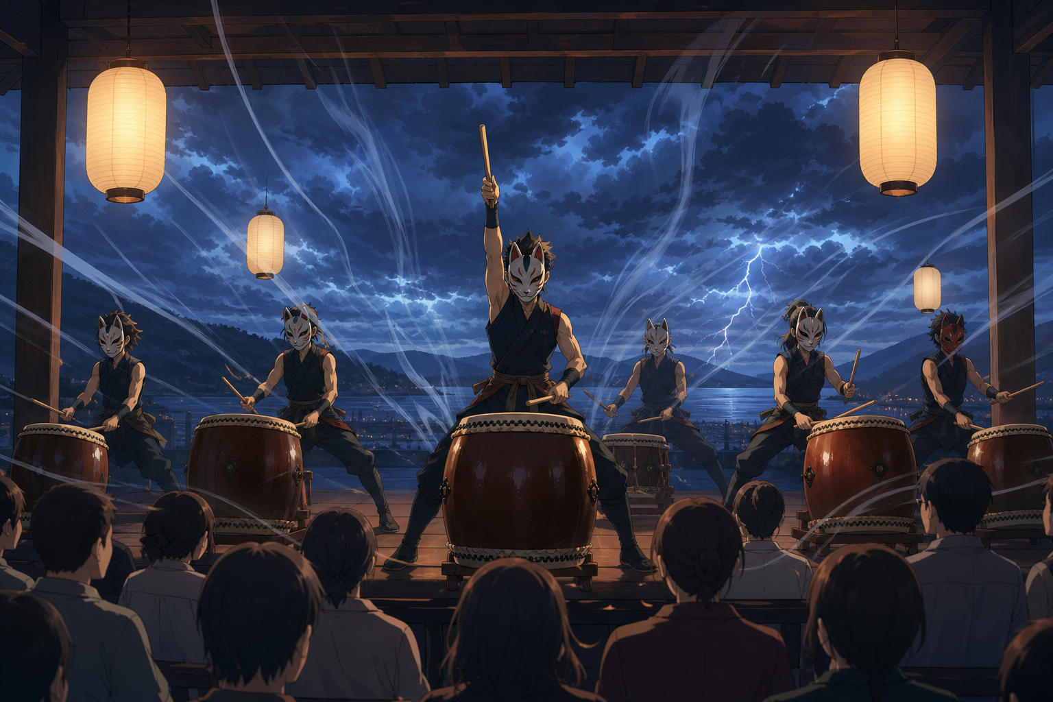 A masked taiko ensemble performing before an approaching summer storm, seen from within the audience as sound visibly transforms the environment. Dynamic stage-wide frame with movement radiating from the lead performer. 