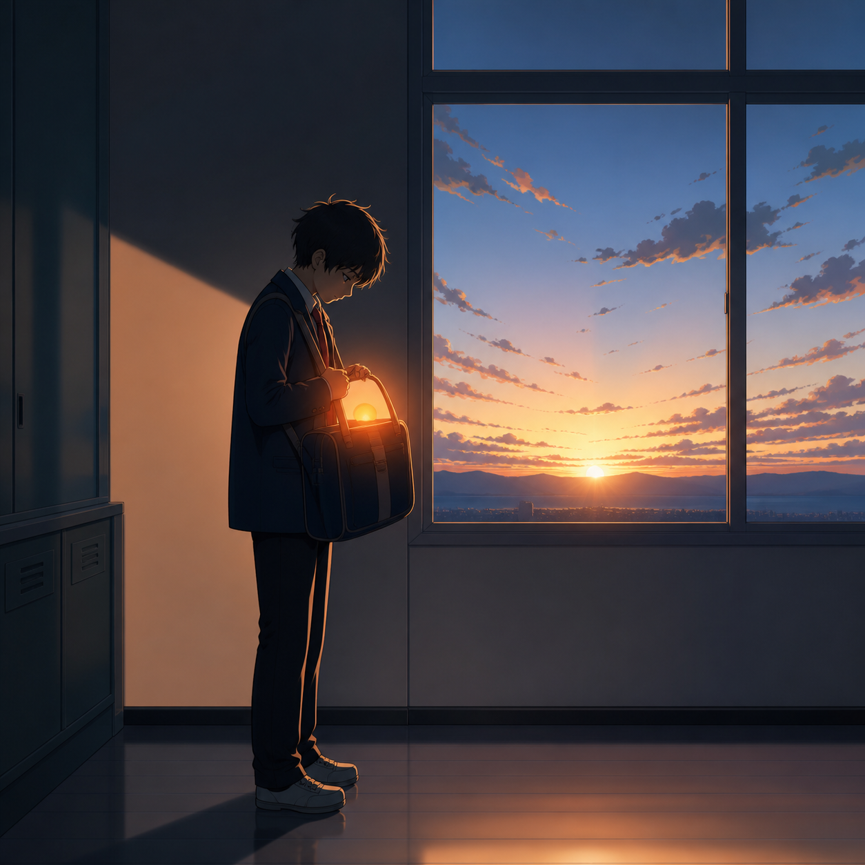 A shy student carrying a small sunrise inside their school bag, with gentle surrealism and a hopeful emotional turn. Wide quiet frame with meaningful negative space. Amber, walnut brown, rain blue, and tiny coral accents