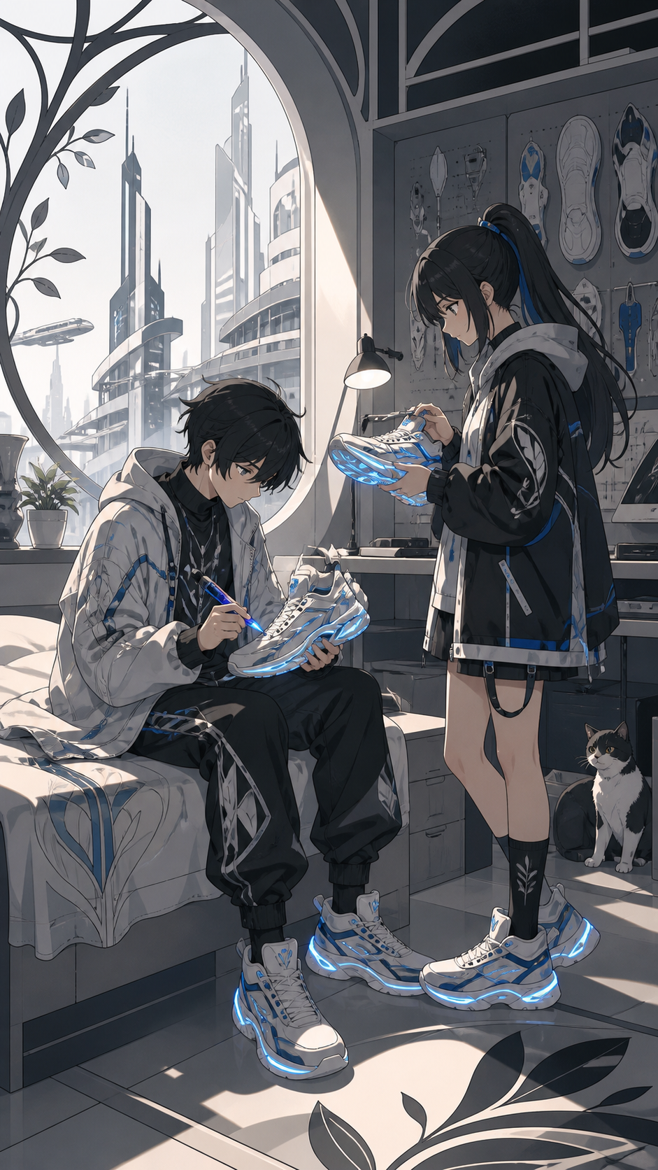Siblings customizing luminous sneakers in a compact bedroom studio, in a public urban location that explains how the clothing functions. Full-body fashion narrative with environment supporting the outfit. Soft monochrome