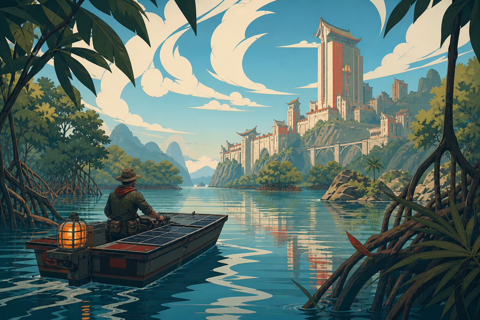 An adult ranger traveling through mangrove channels aboard a small solar skiff, under clear morning light with every route easy to read. Wide travel vista with a clear route from foreground to destination. Petrol blue, o