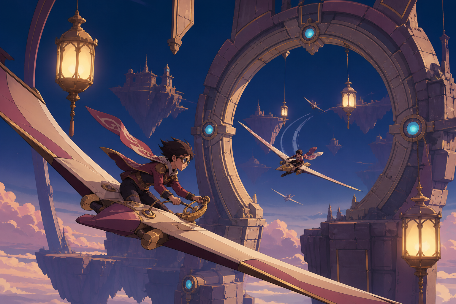 Teen pilots racing lightweight gliders between floating stone arches, during a clean midair pass through a narrow but safe checkpoint. Sweeping aerial panorama with racers forming a strong arc. Muted rose, parchment, mut
