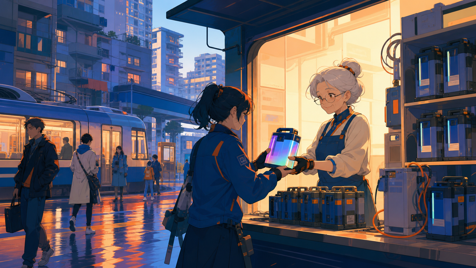 A grandmother running the busiest battery-exchange kiosk in the district, after rain creates broad colored reflections across the pavement. Street-level cinematic frame with deep layers of neighborhood activity. Cobalt, 