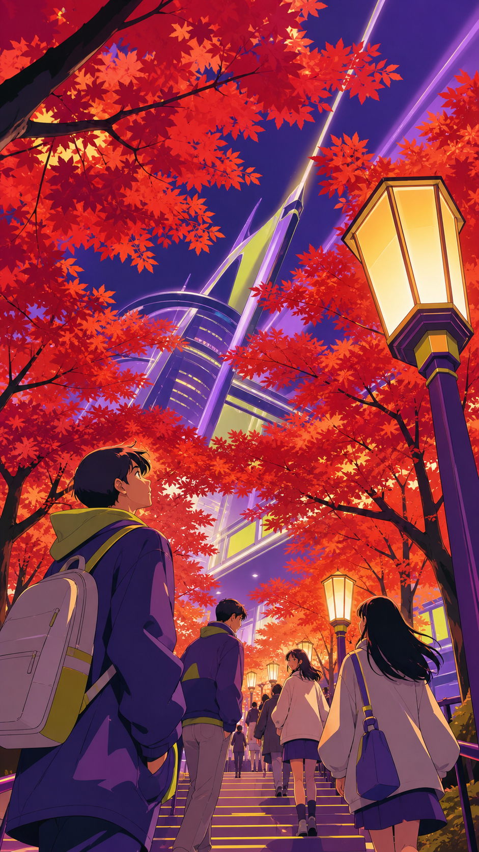 Students walking through a tunnel of vivid autumn maples, during a gentle public holiday filled with small social moments. Low upward view using branches to frame people and architecture. Acid lime, ultraviolet, matte na