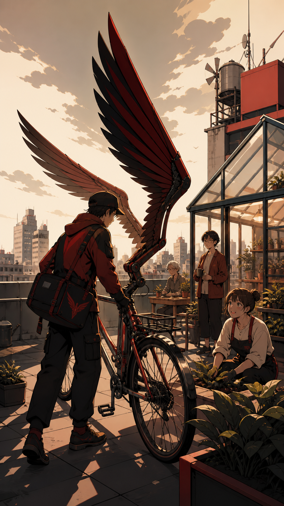 A courier landing a winged bicycle beside a rooftop greenhouse, on a quiet weekend when residents use the shared roof together. Low intimate view with the supernatural element rising behind the group. Crimson, black cher