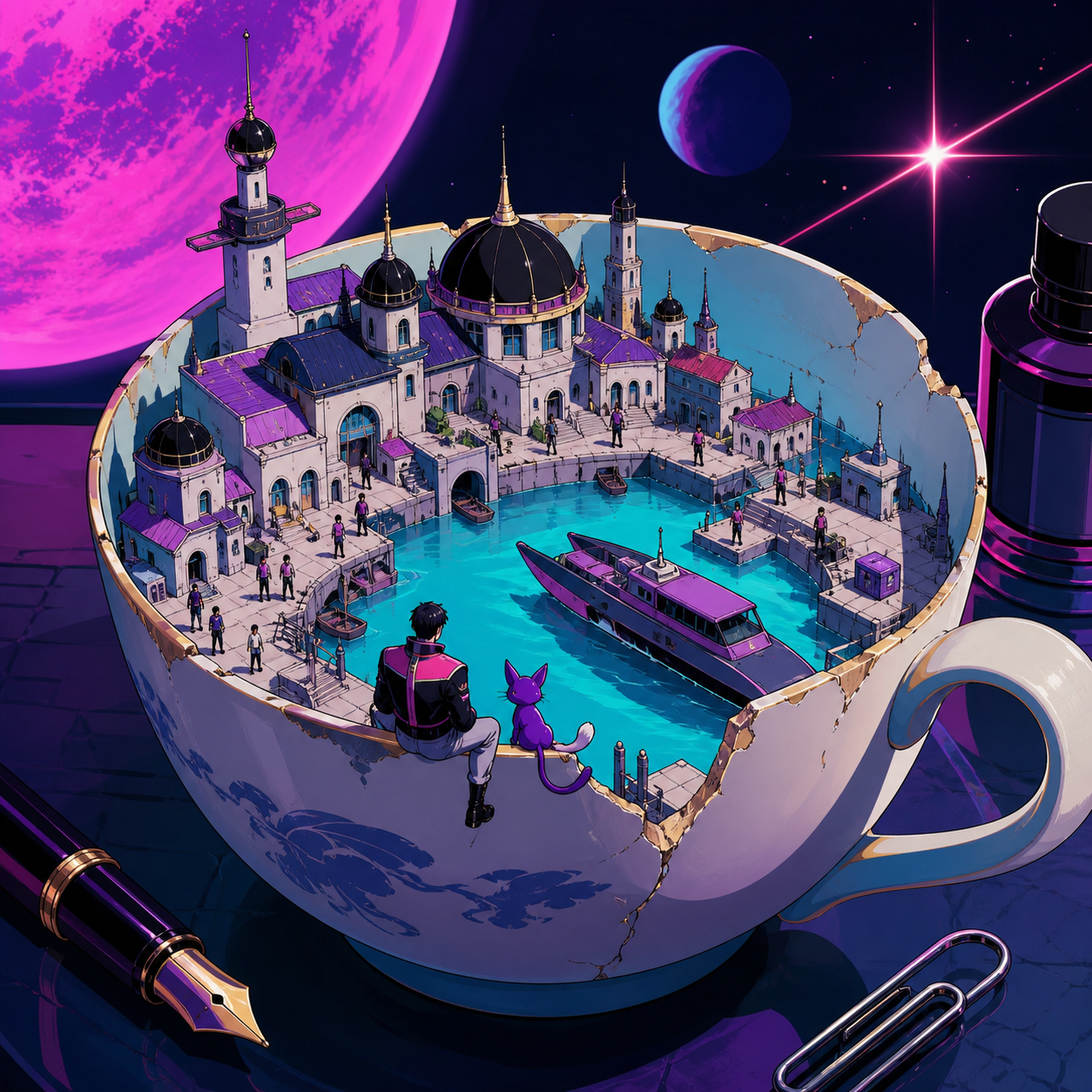 A harbor town thriving inside a chipped porcelain teacup, observed at close range with ordinary objects revealing the tiny scale. Isometric-like miniature vista with multiple readable zones of activity. Saturated magenta