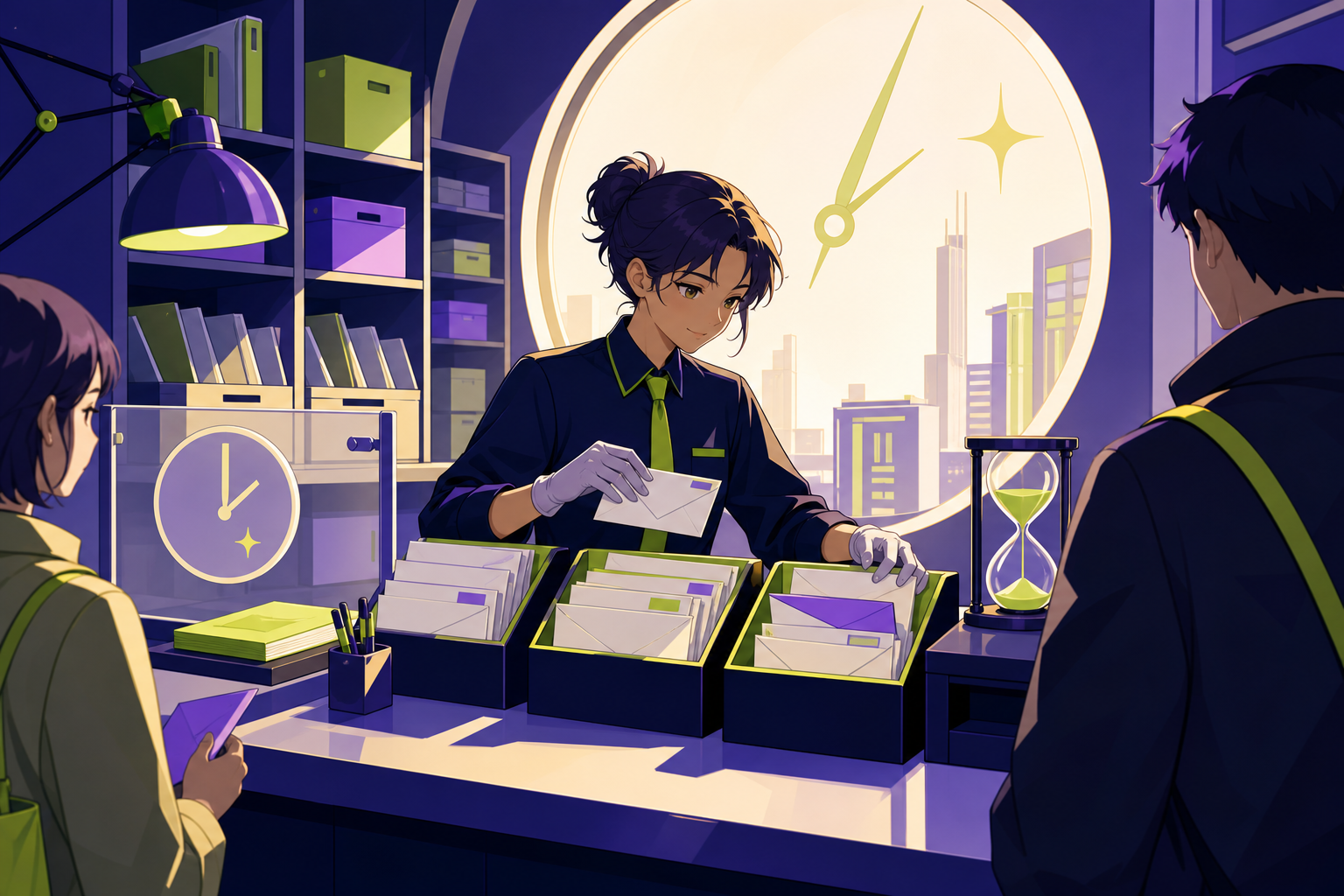 A postal clerk sorting letters addressed to their senders ten years from now, handled with the calm routine of an ordinary workday. Counter-level composition framed by tools and waiting customers. Acid lime, ultraviolet,