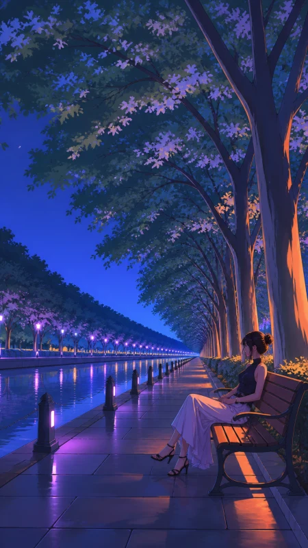 A summer avenue of tall green trees beside a quiet canal, at an unusual hour that makes a familiar place feel new. Long avenue perspective beneath an arching canopy. Pale lavender,