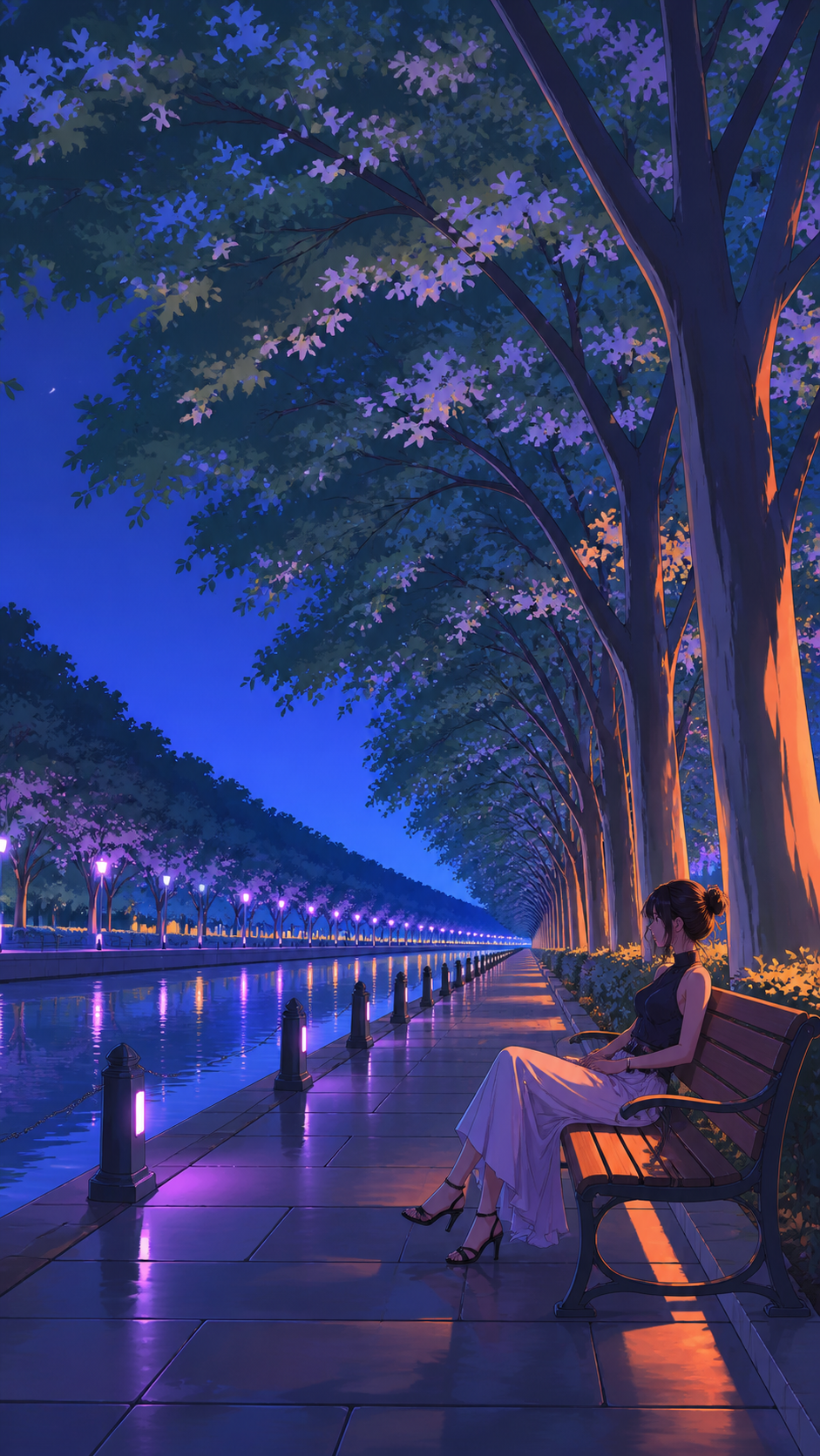 A summer avenue of tall green trees beside a quiet canal, at an unusual hour that makes a familiar place feel new. Long avenue perspective beneath an arching canopy. Pale lavender, icy blue, graphite, and one warm orange