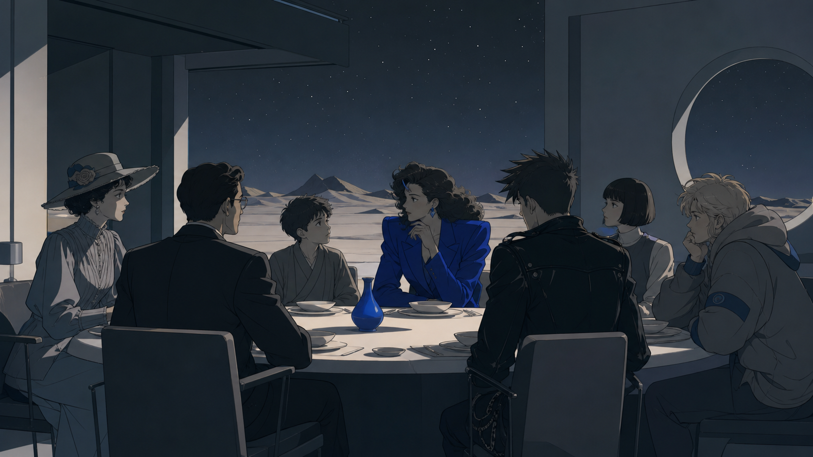 A family dinner where every person arrives from a different year, during a gentle encounter driven by curiosity rather than catastrophe. Wide continuous scene divided naturally into several eras. Soft monochrome with a s