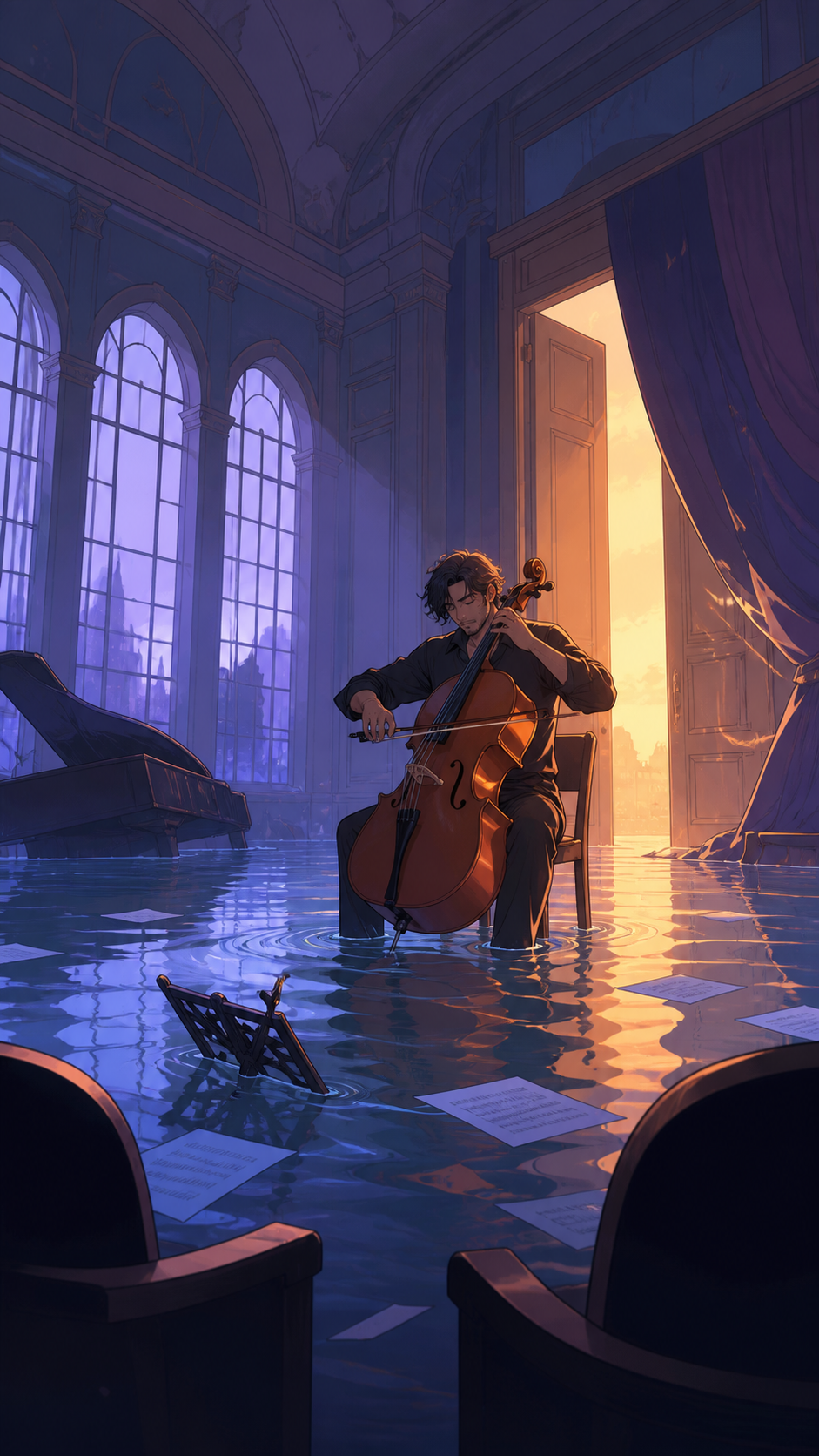 An adult cellist performing alone in a flooded concert hall, during a rehearsal that unexpectedly becomes magical. Intimate low-angle concert view with dramatic foreground silhouettes. Pale lavender, icy blue, graphite, 