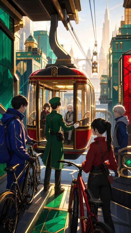 A cable-car operator guiding passengers between rooftop districts, during a brief stop that brings unrelated passengers together. Elevated city view following one luminous route th