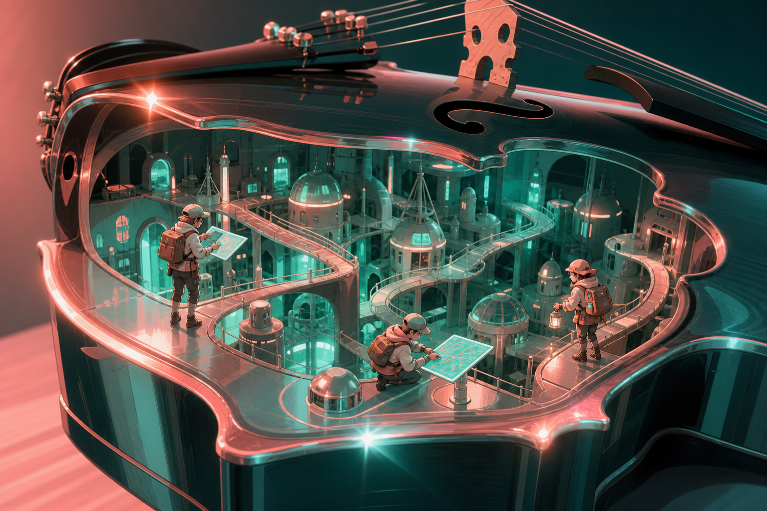 Tiny explorers mapping a city hidden inside a hollow violin, during a moment when the small world responds to movement outside. Macro object view with the miniature world occupying the visual center. Sea-glass green, fad