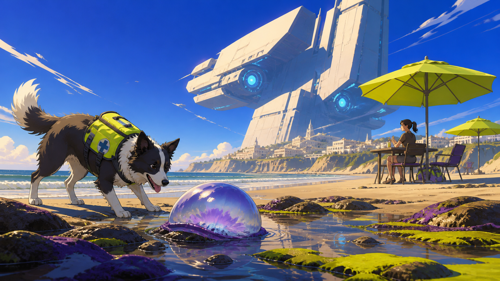 A coastal rescue dog enjoying its first day off in months, as a small unusual tidepool discovery changes the afternoon. Low beach-level view looking toward the sea and distant town. Acid lime, ultraviolet, matte navy, an