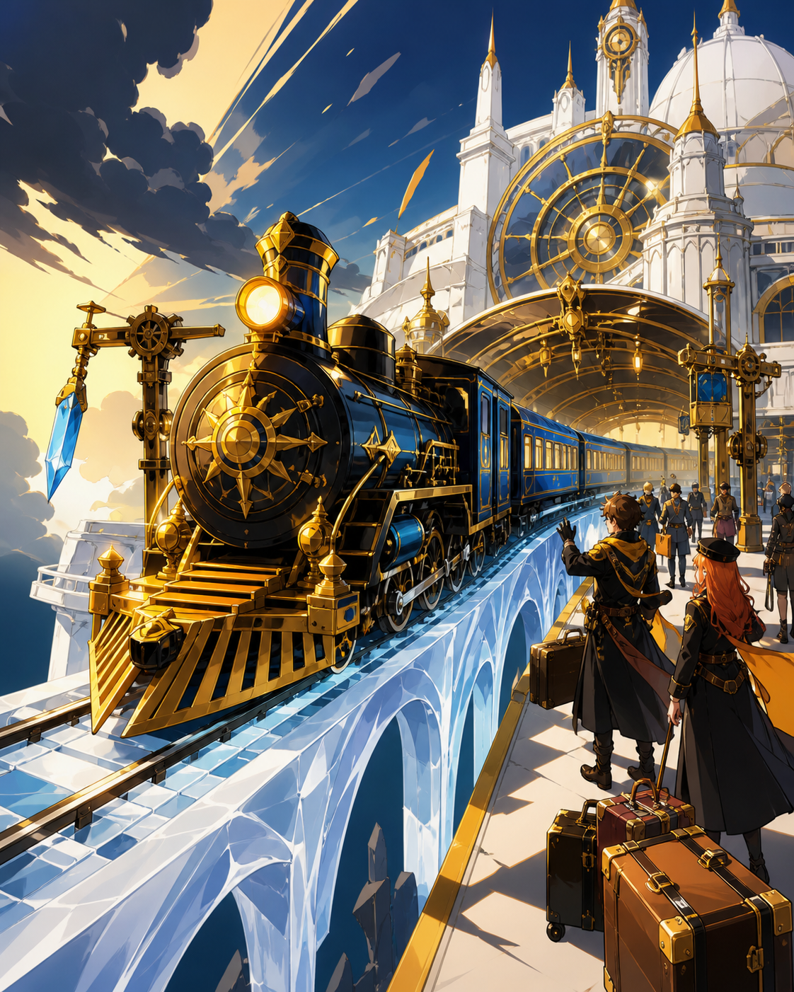 An ornate night train crossing a bridge made from frozen moonlight, arriving at an extraordinary terminal during difficult weather. Grand three-quarter vehicle view embedded naturally in its route. Saffron, peacock blue,