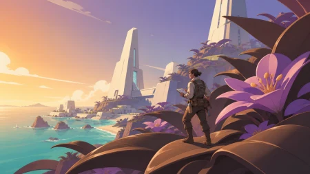 An adult naturalist crossing an island of giant smooth flowering plants, during careful exploration centered on observation rather than conquest. Elevated coastal composition balan